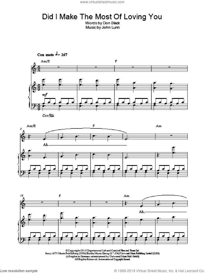 Did I Make The Most Of Loving You sheet music for piano solo by John Lunn and Don Black, intermediate skill level