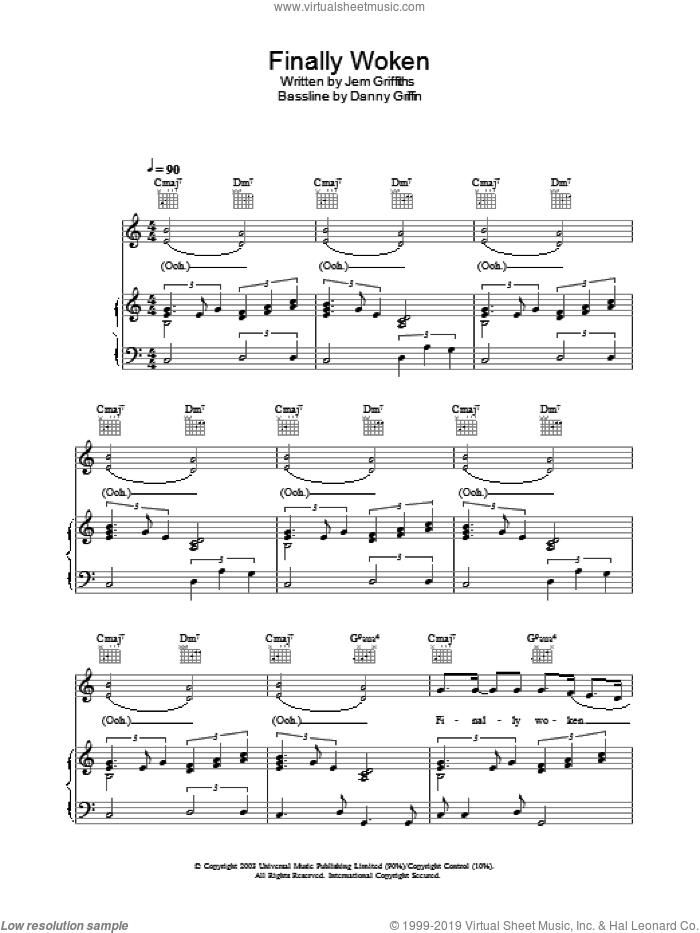 Finally Woken sheet music for voice, piano or guitar by Jem, Danny Griffin and Jem Griffiths, intermediate skill level