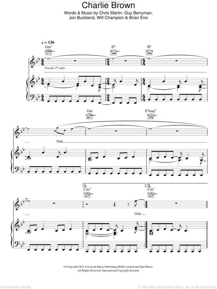 Charlie Brown sheet music for voice, piano or guitar by Coldplay, Brian Eno, Chris Martin, Guy Berryman, Jon Buckland and Will Champion, intermediate skill level