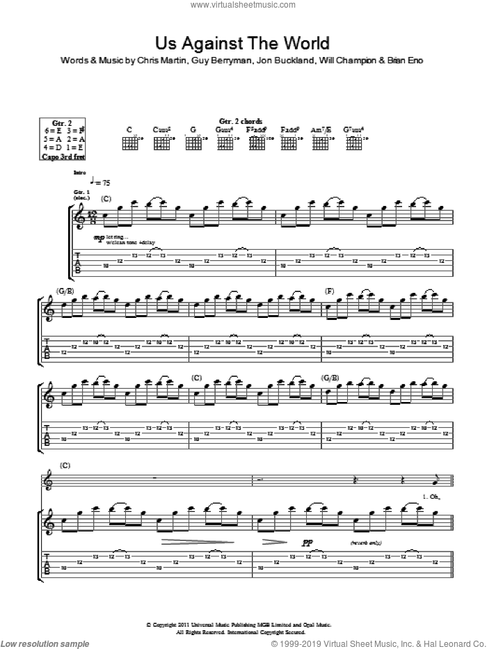 Us Against The World sheet music for guitar (tablature) by Coldplay, Brian Eno, Chris Martin, Guy Berryman, Jon Buckland and Will Champion, intermediate skill level