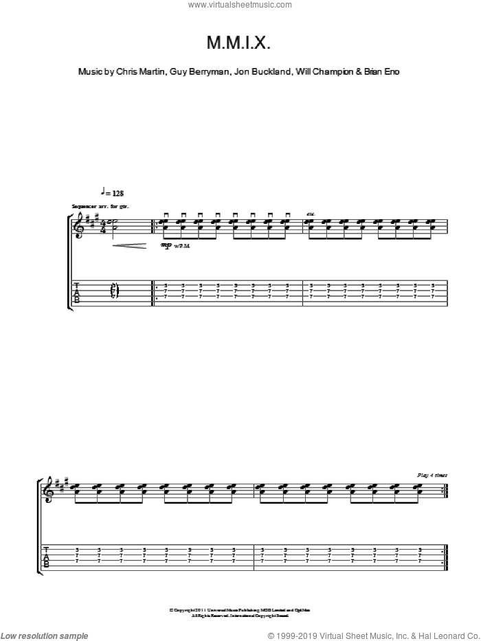 M.M.I.X. sheet music for guitar (tablature) by Coldplay, Brian Eno, Chris Martin, Guy Berryman, Jon Buckland and Will Champion, intermediate skill level