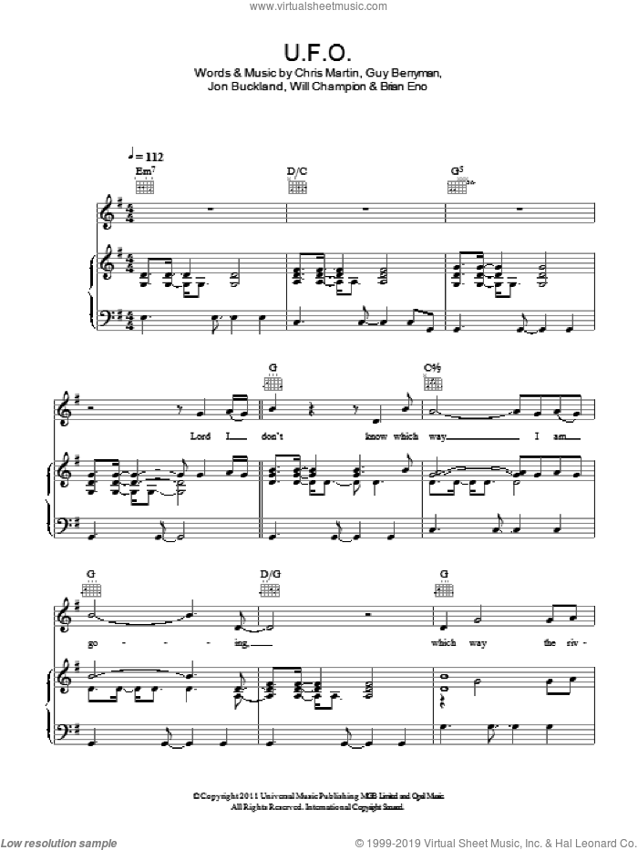 U.F.O. sheet music for voice, piano or guitar by Coldplay, Brian Eno, Chris Martin, Guy Berryman, Jon Buckland and Will Champion, intermediate skill level