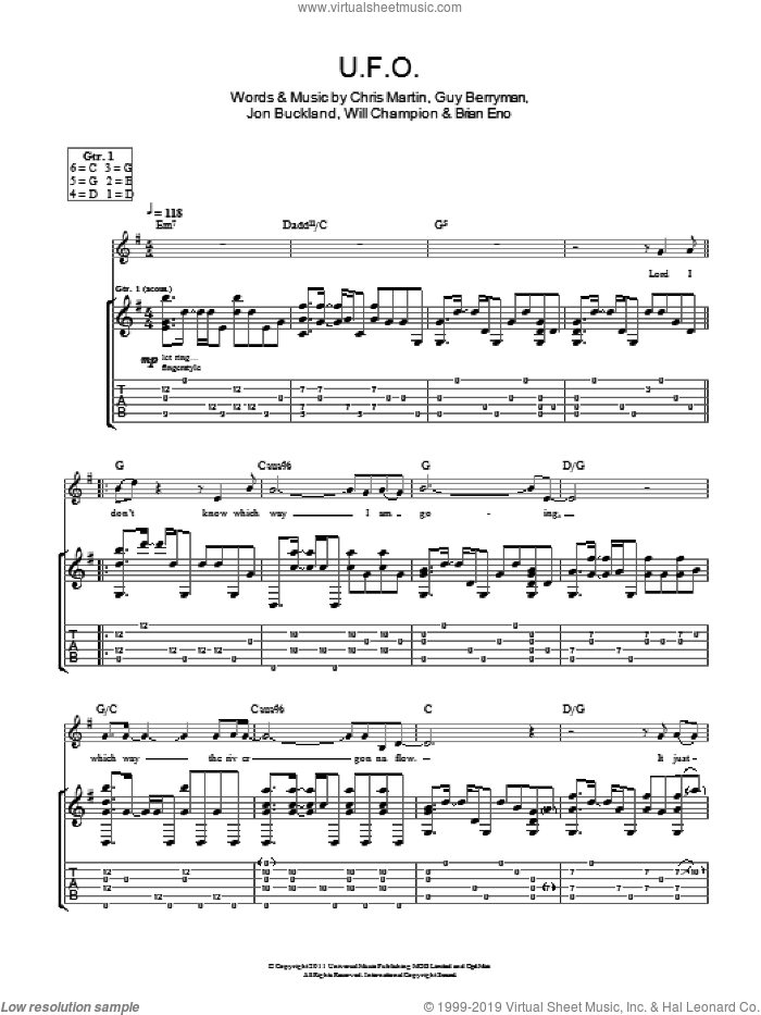 U.F.O. sheet music for guitar (tablature) by Coldplay, Brian Eno, Chris Martin, Guy Berryman, Jon Buckland and Will Champion, intermediate skill level