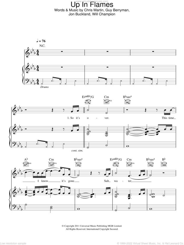 Up In Flames sheet music for voice, piano or guitar by Coldplay, Chris Martin, Guy Berryman, Jon Buckland and Will Champion, intermediate skill level