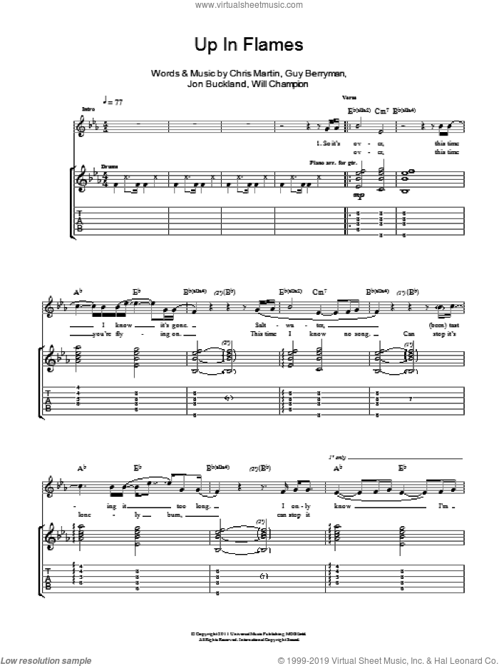 Up In Flames sheet music for guitar (tablature) by Coldplay, Chris Martin, Guy Berryman, Jon Buckland and Will Champion, intermediate skill level