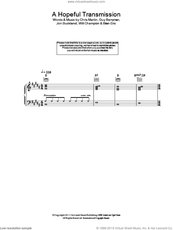A Hopeful Transmission sheet music for voice, piano or guitar by Coldplay, Brian Eno, Chris Martin, Guy Berryman, Jon Buckland and Will Champion, intermediate skill level