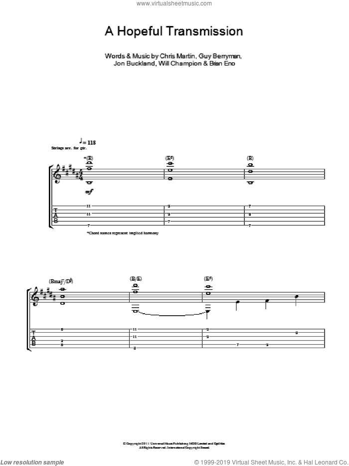 A Hopeful Transmission sheet music for guitar (tablature) by Coldplay, Brian Eno, Chris Martin, Guy Berryman, Jon Buckland and Will Champion, intermediate skill level
