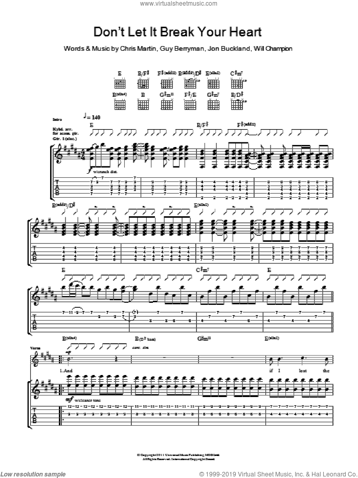 Don't Let It Break Your Heart sheet music for guitar (tablature) by Coldplay, Chris Martin, Guy Berryman, Jon Buckland and Will Champion, intermediate skill level