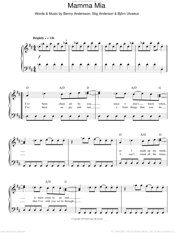 Mamma Mia sheet music for voice and piano by ABBA, Benny Andersson, Bjorn Ulvaeus and Stig Anderson, intermediate skill level