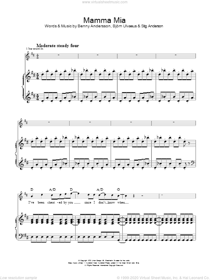 Mamma Mia sheet music for voice, piano or guitar by ABBA, Benny Andersson, Bjorn Ulvaeus and Stig Anderson, intermediate skill level