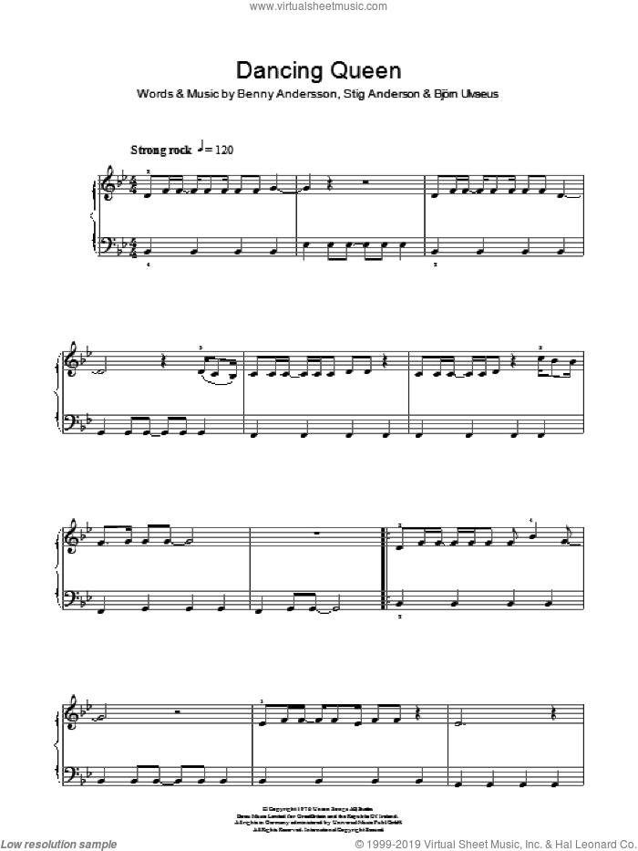 Dancing Queen, (easy) sheet music for piano solo by ABBA, Benny Andersson, Bjorn Ulvaeus and Stig Anderson, easy skill level