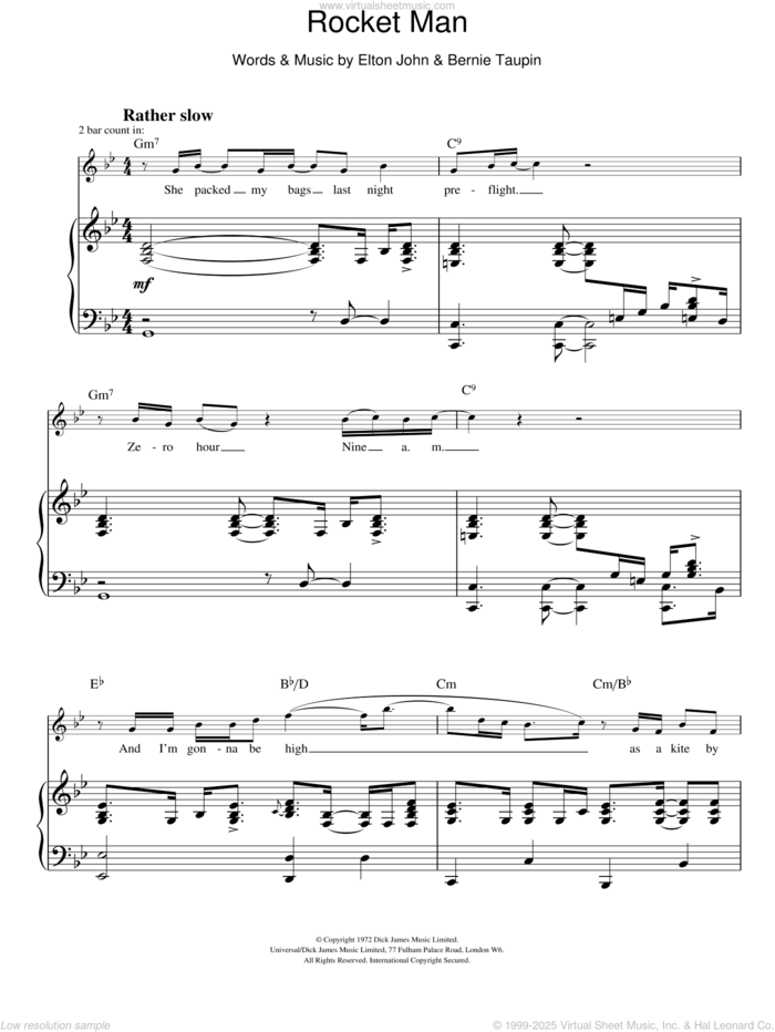 Rocket Man (I Think It's Gonna Be A Long Long Time) sheet music for voice, piano or guitar by Elton John and Bernie Taupin, intermediate skill level