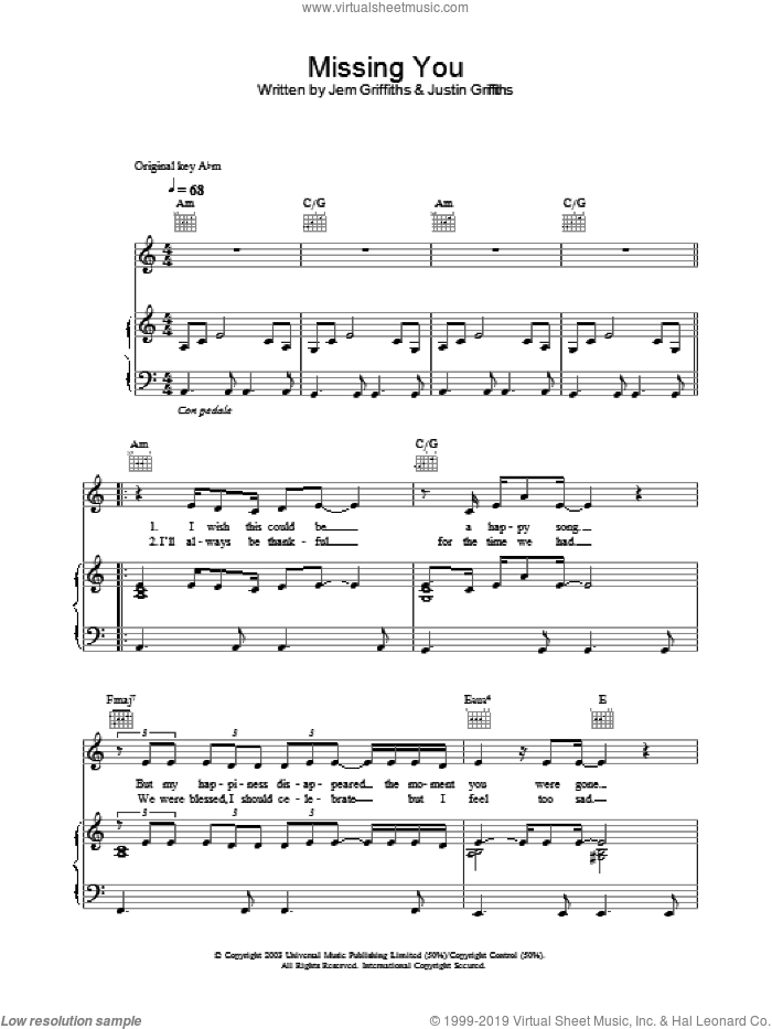 Missing You sheet music for voice, piano or guitar by Jem, Jem Griffiths and Justin Griffiths, intermediate skill level