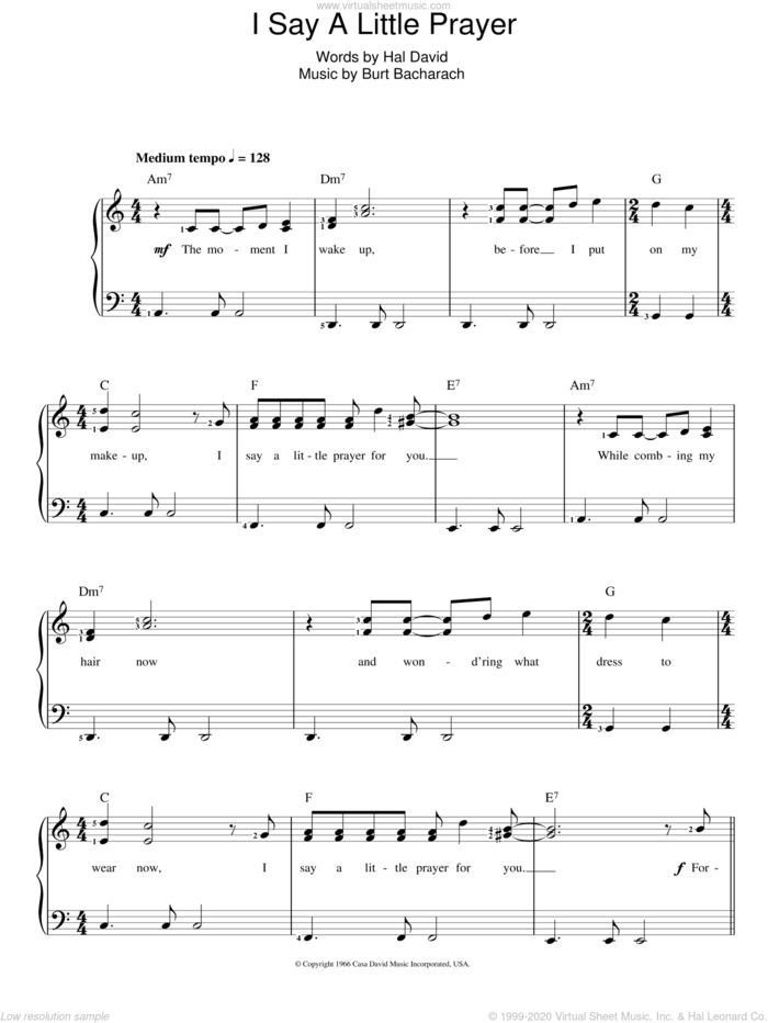 I Say A Little Prayer sheet music for piano solo by Aretha Franklin, Burt Bacharach and Hal David, easy skill level
