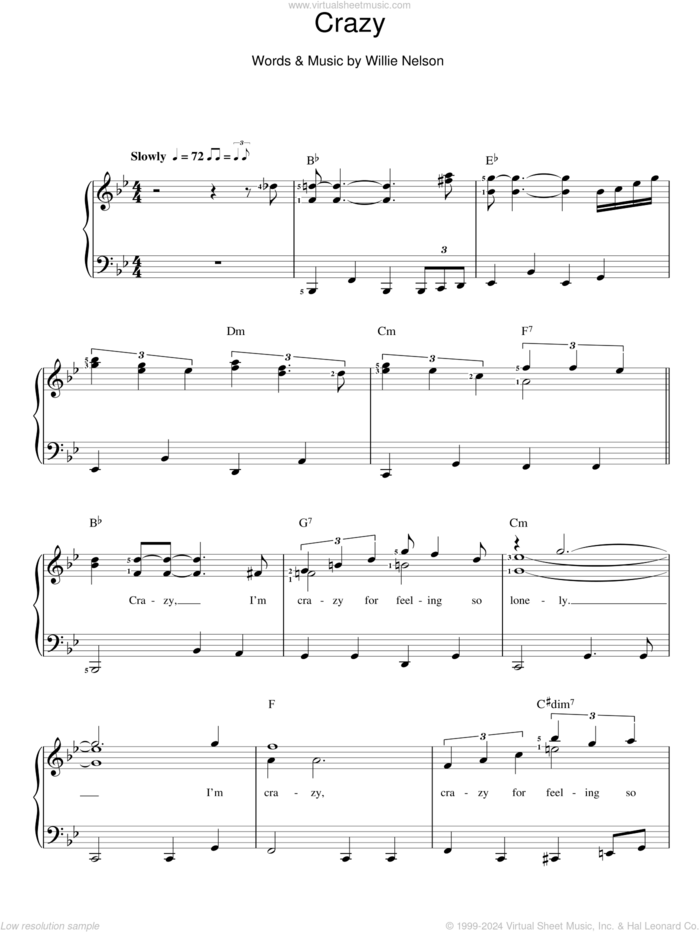 Crazy sheet music for voice and piano by Patsy Cline, Diana Krall and Willie Nelson, intermediate skill level