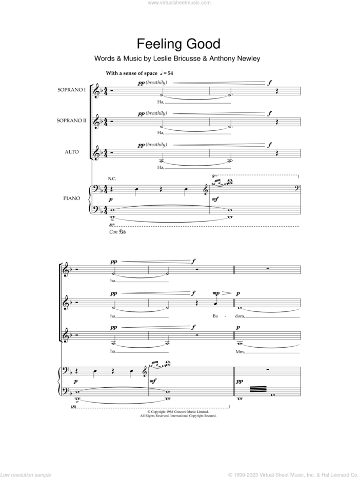 Feeling Good sheet music for choir (SSA: soprano, alto) by Nina Simone, Anthony Newley and Leslie Bricusse, intermediate skill level