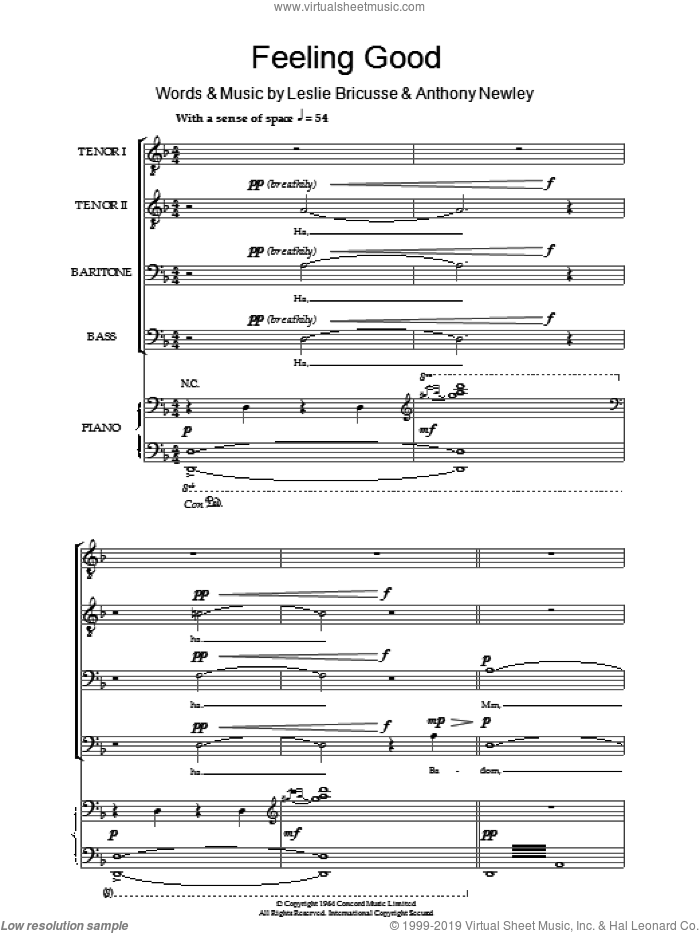 Feeling Good sheet music for choir (TTBB: tenor, bass) by Nina Simone, Anthony Newley and Leslie Bricusse, intermediate skill level