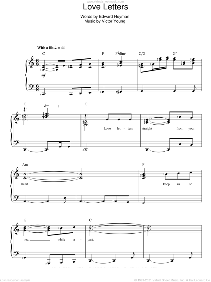 Love Letters sheet music for voice and piano by Ketty Lester, Diana Krall, Elvis Presley, Edward Heyman and Victor Young, intermediate skill level