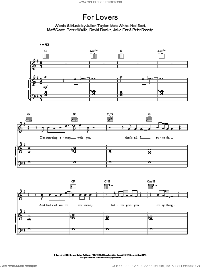 For Lovers sheet music for voice, piano or guitar by Pete Doherty, Wolfman, David Banks, Jake Fior, Julian Taylor, Maff Scott, Matt White, Ned Scott and Peter Wolfe, intermediate skill level