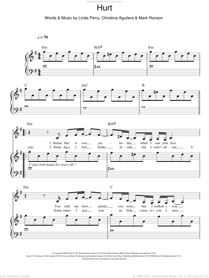 Aguilera Hurt Sheet Music For Voice Piano Or Guitar V2