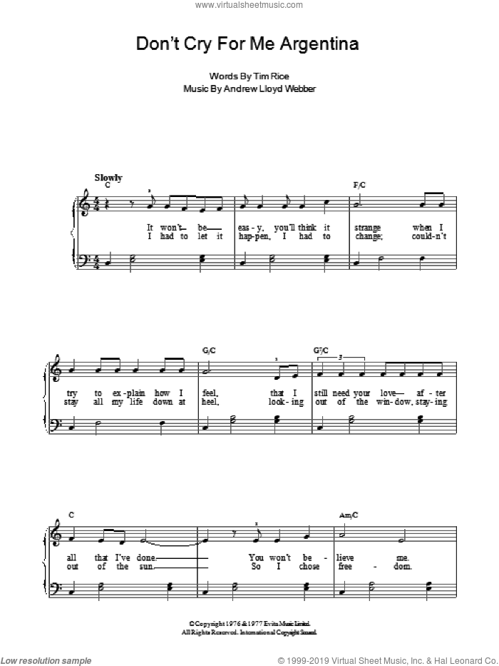 Don't Cry For Me Argentina sheet music for piano solo by Andrew Lloyd Webber and Tim Rice, easy skill level