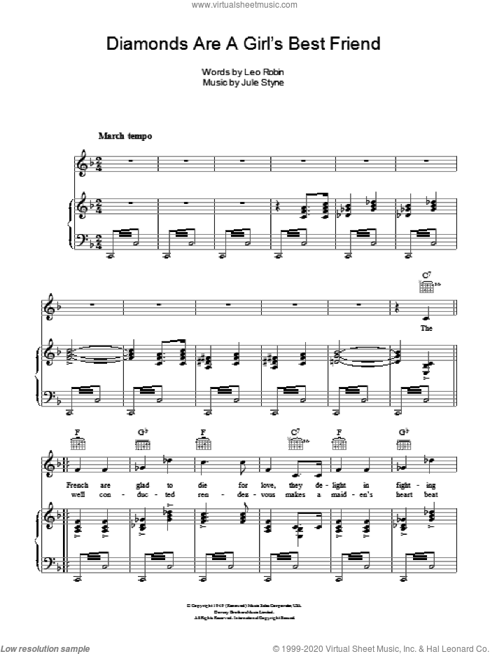 Diamonds Are A Girl's Best Friend sheet music for voice, piano or guitar by Marilyn Monroe, Jule Styne and Leo Robin, intermediate skill level