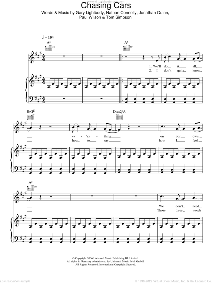 Chasing Cars sheet music for voice, piano or guitar by Snow Patrol, Gary Lightbody, Jonathan Quinn, Nathan Connolly, Paul Wilson and Tom Simpson, intermediate skill level