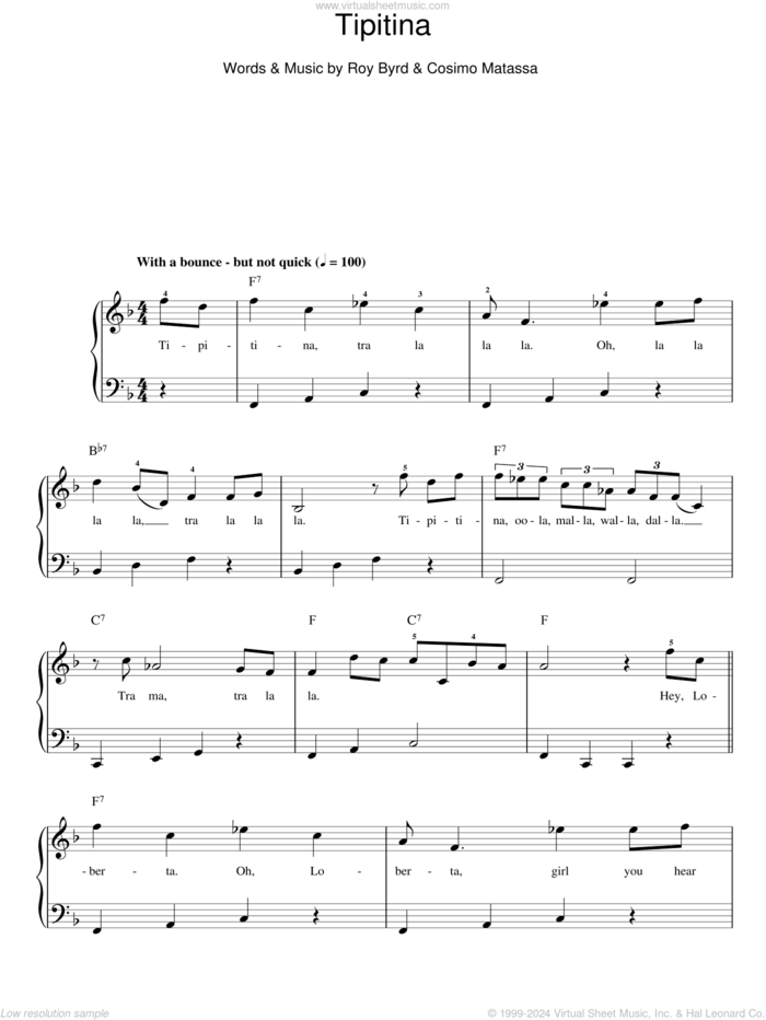 Tipitina sheet music for piano solo by Professor Longhair, Cosimo Matassa and Roy Byrd, easy skill level