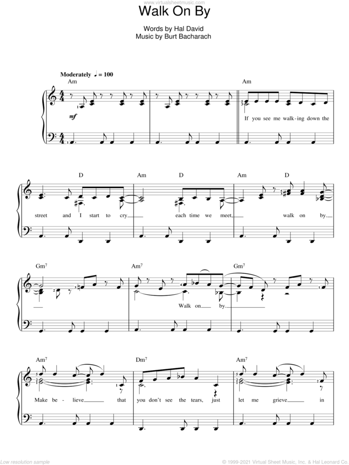 Walk On By sheet music for voice and piano by Dionne Warwick, Burt Bacharach and Hal David, intermediate skill level