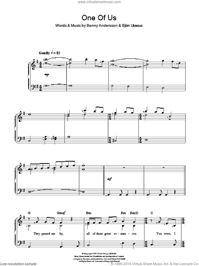 One Of Us sheet music for voice and piano by ABBA, Benny Andersson and Bjorn Ulvaeus, intermediate skill level