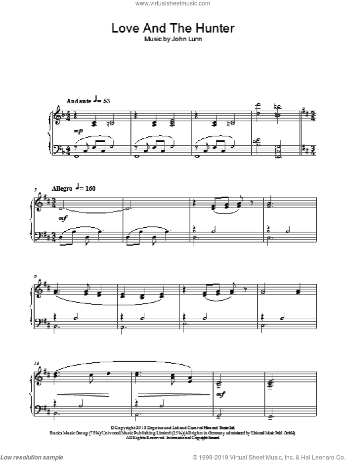 Love And The Hunter, (intermediate) sheet music for piano solo by John Lunn, intermediate skill level
