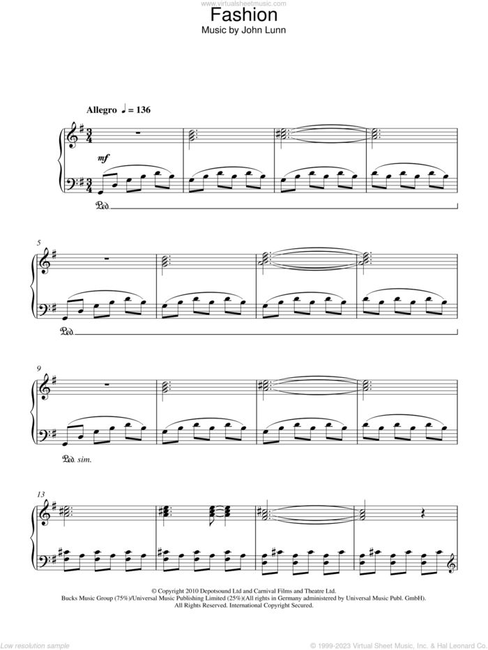 Fashion sheet music for piano solo by John Lunn, intermediate skill level