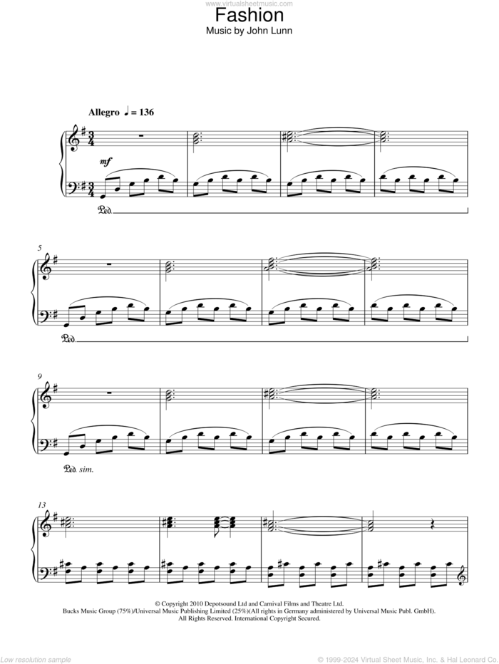 Fashion sheet music for piano solo by John Lunn, intermediate skill level