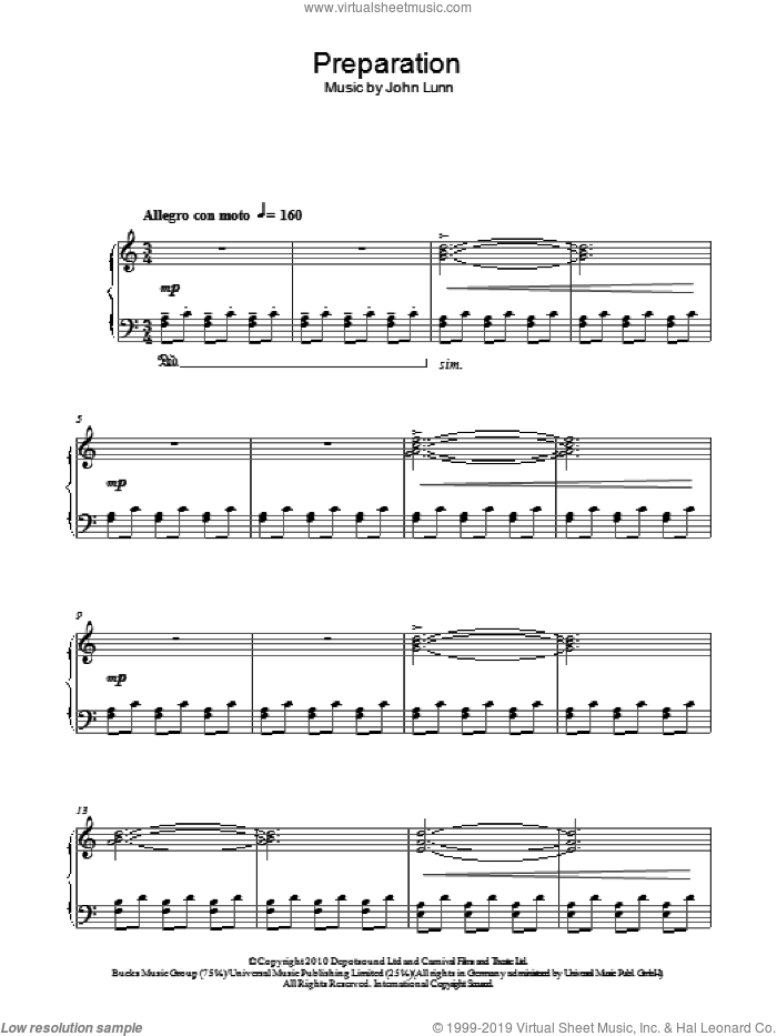 Preparation sheet music for piano solo by John Lunn, intermediate skill level