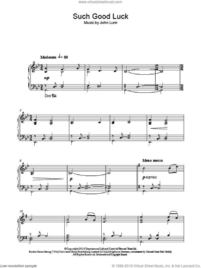 Such Good Luck (from Downton Abbey), (intermediate) (from Downton Abbey) sheet music for piano solo by John Lunn, wedding score, intermediate skill level
