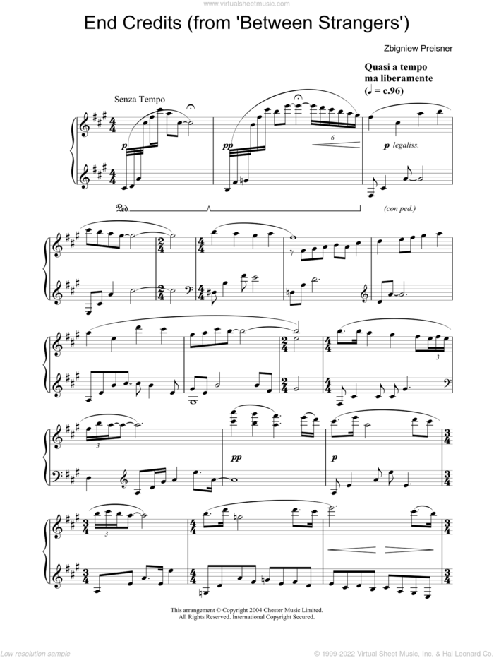 End Credits (from Between Strangers) sheet music for piano solo by Zbigniew Preisner, intermediate skill level