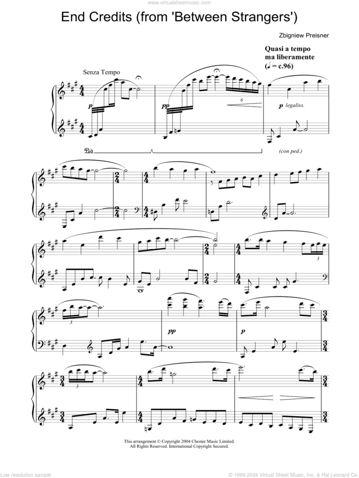 End Credits (from Between Strangers) sheet music for piano solo by Zbigniew Preisner, intermediate skill level