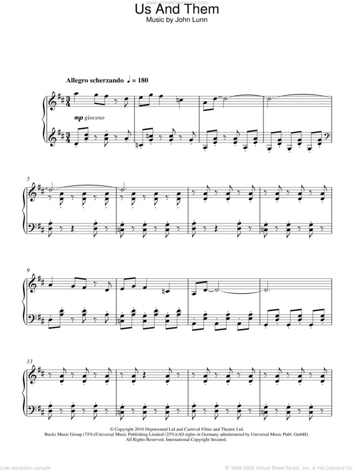 Us And Them, (intermediate) sheet music for piano solo by John Lunn, intermediate skill level