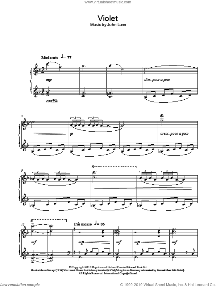 Violet sheet music for piano solo by John Lunn, intermediate skill level