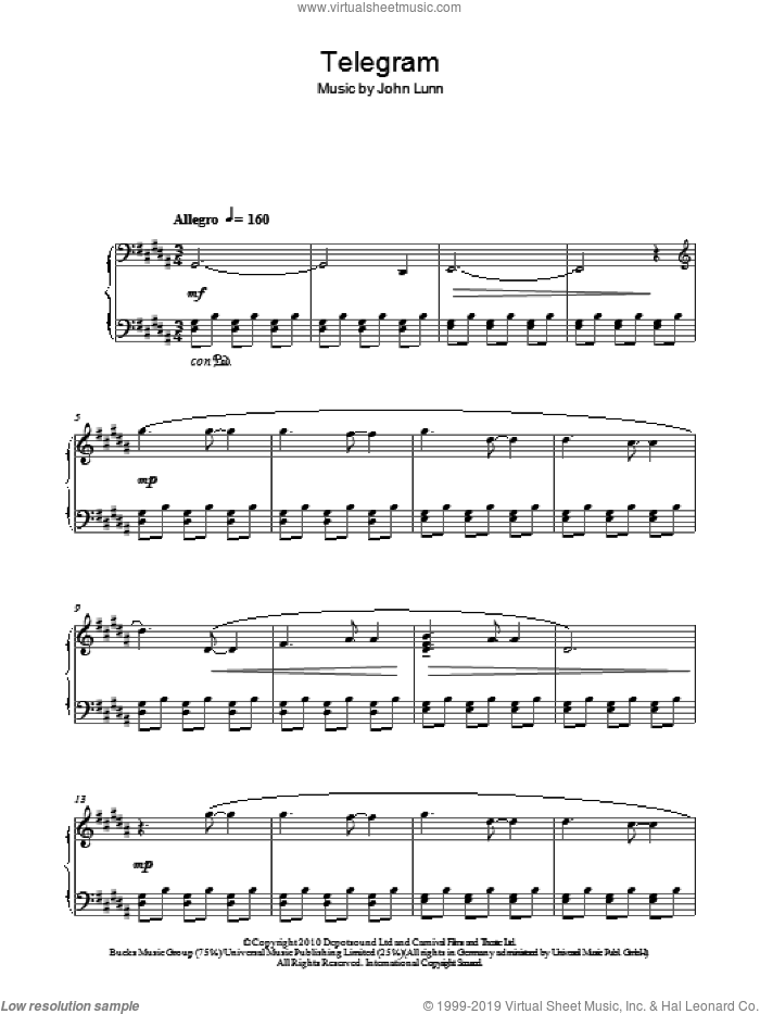 Telegram sheet music for piano solo by John Lunn, intermediate skill level