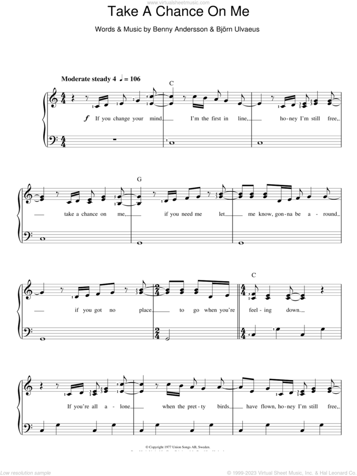 Take A Chance On Me sheet music for voice and piano by ABBA, Benny Andersson and Bjorn Ulvaeus, intermediate skill level