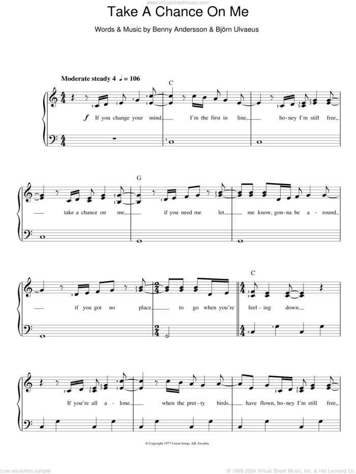 Take A Chance On Me (abridged) sheet music for voice and piano by ABBA, Benny Andersson and Bjorn Ulvaeus, intermediate skill level