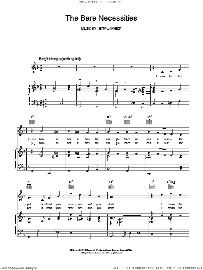 The Bare Necessities sheet music for voice, piano or guitar by Terry Gilkyson, intermediate skill level