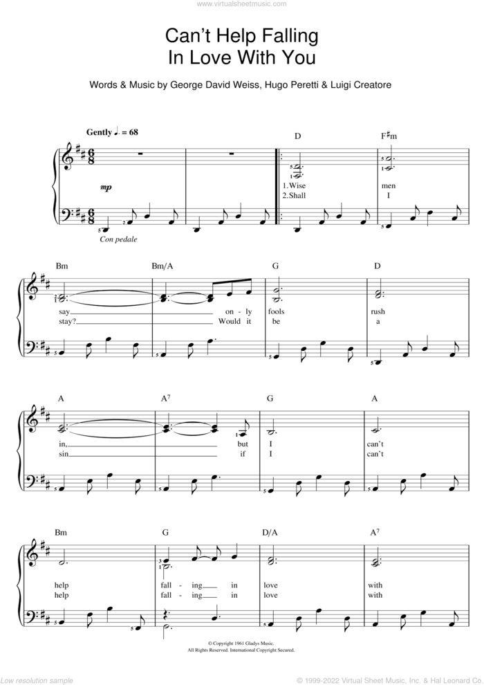 Can't Help Falling In Love sheet music for voice and piano by Elvis Presley, UB40, George David Weiss, Hugo Peretti and Luigi Creatore, wedding score, intermediate skill level