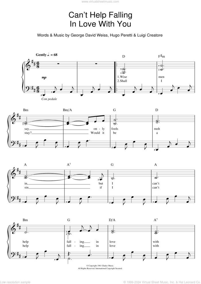 Can't Help Falling In Love sheet music for voice and piano by Elvis Presley, UB40, George David Weiss, Hugo Peretti and Luigi Creatore, wedding score, intermediate skill level