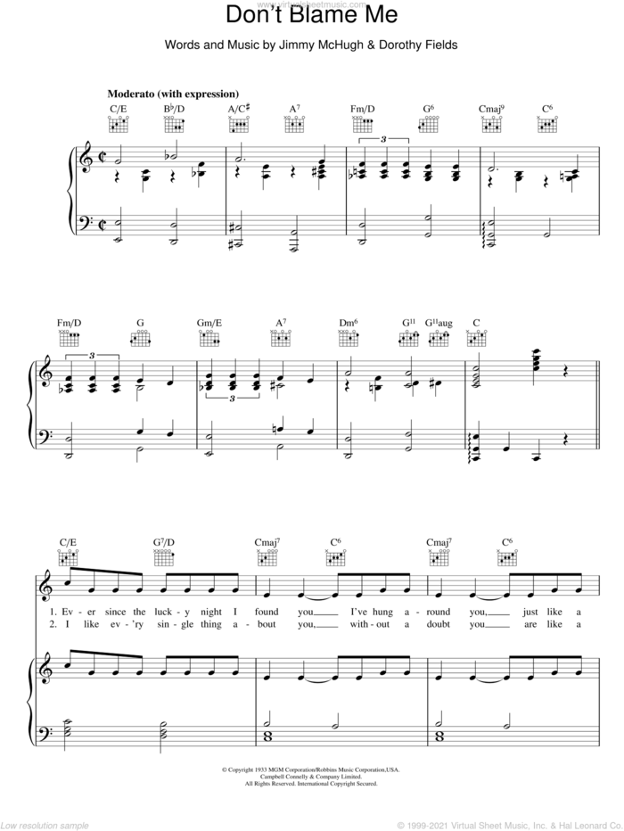 Don't Blame Me sheet music for voice, piano or guitar by Frank Sinatra, Dorothy Fields and Jimmy McHugh, intermediate skill level