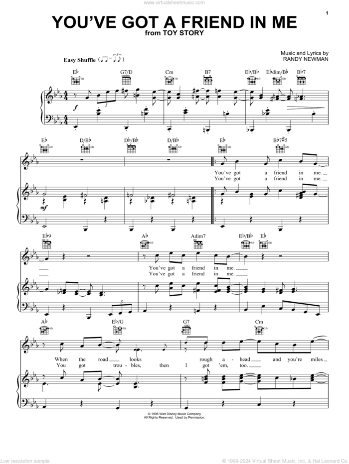 You've Got A Friend In Me (from Toy Story) sheet music for voice, piano or guitar by Randy Newman, Lyle Lovett, Toy Story (Movie), Toy Story 2 (Movie) and Toy Story 3 (Movie), intermediate skill level