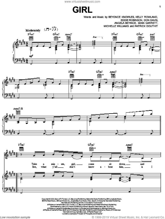 Girl sheet music for voice, piano or guitar by Destiny's Child, Angela Beyince, Beyonce, Don Davis, Eddie Robinson, Kelly Rowland, Michelle Williams, Patrick Douthit and Sean Garrett, intermediate skill level