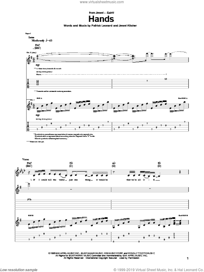 Hands sheet music for guitar (tablature) by Jewel, Jewel Kilcher and Patrick Leonard, intermediate skill level