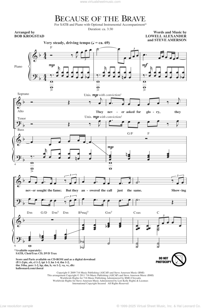 Because Of The Brave sheet music for choir (SATB: soprano, alto, tenor, bass) by Lowell Alexander, Steve Amerson and Bob Krogstad, intermediate skill level